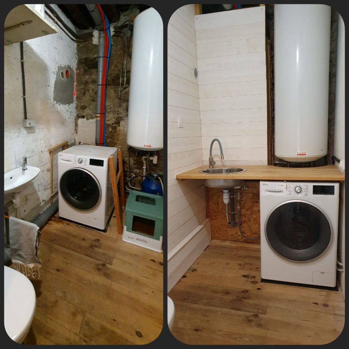 Petite rénovation partielle d'une buanderie avec WC : Rehausse du chauffe-eau, modification des WC et du lavabo devenu évier.